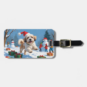 Lhasa Apso springar i snö med julhatt Bagagebricka