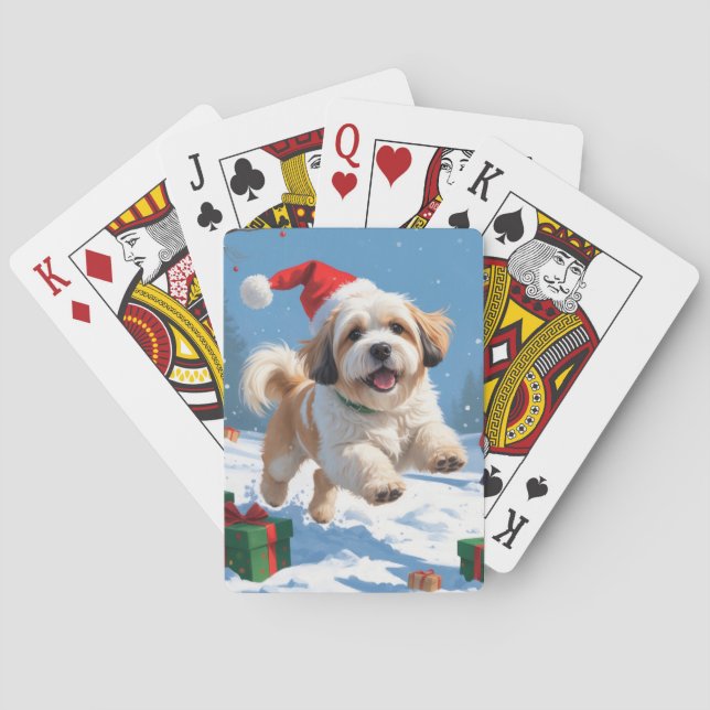 Lhasa Apso springar i snö med julhatt Casinokort (Baksidan)