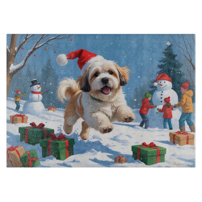Lhasa Apso springer i snö med julhatt (Framsidan)