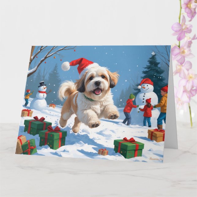 Lhasa Apso springer i snö med julhatt Kort (Orkide)