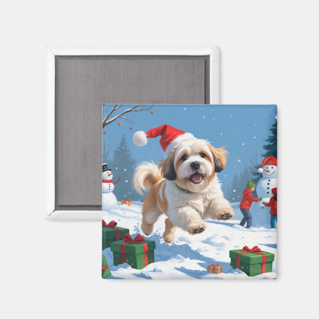 Lhasa Apso springer i snö med julhatt Magnet (Front/Back)