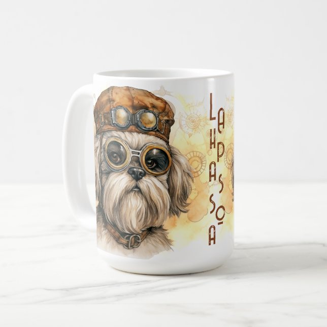 Lhasa Apso Steampunk Hund Kaffemugg (Framsida vänster)