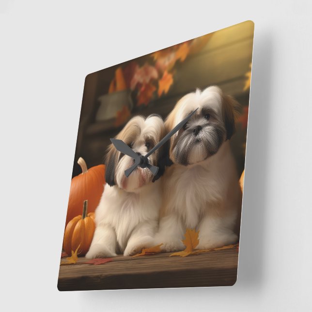Lhasa Apso Valp Höstglädje Pumpa Fyrkantig Klocka (Vinkel)