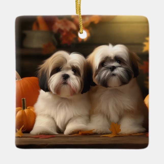 Lhasa Apso Valp Höstglädje Pumpa  Julgransprydnad Keramik (Framsida)