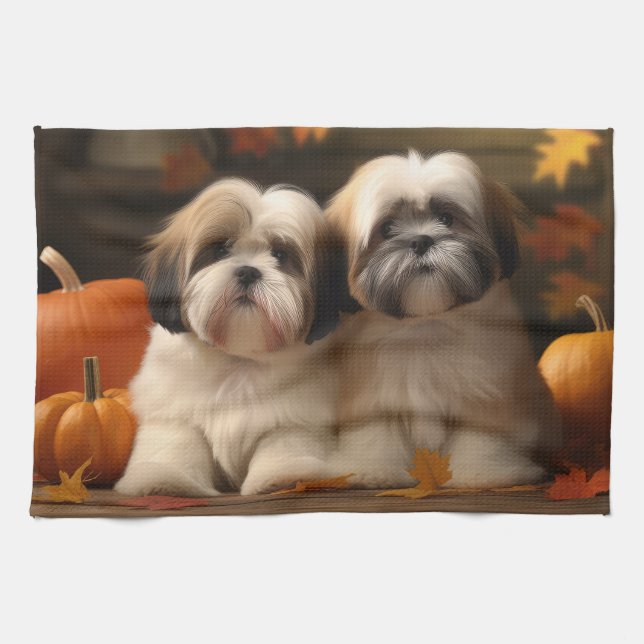 Lhasa Apso Valp Höstglädje Pumpa Kökshandduk (Horisontell)