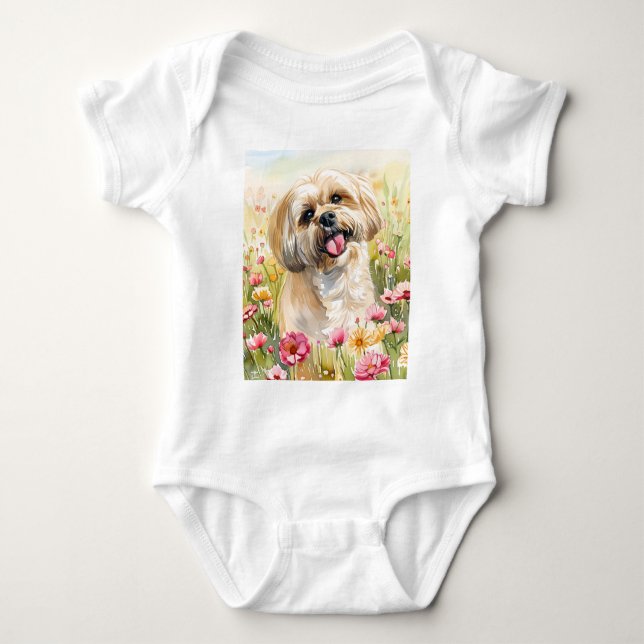 Lhasa Apso Watercolor Baby Bodysuit T Shirt (Framsida)