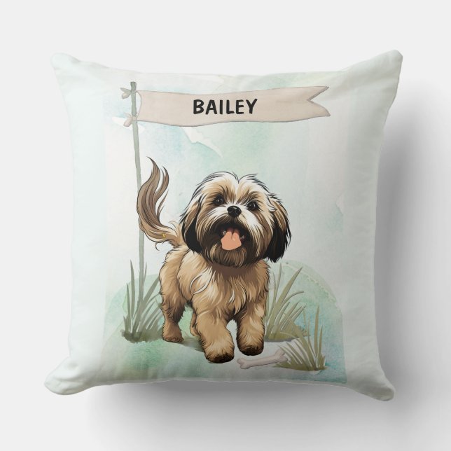 Lhasa Apso Watercolor Personalized Dog Kudde (Framsida)