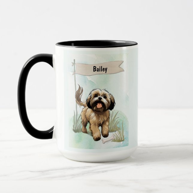 Lhasa Apso Watercolor Personalized Dog Mugg (Vänster)