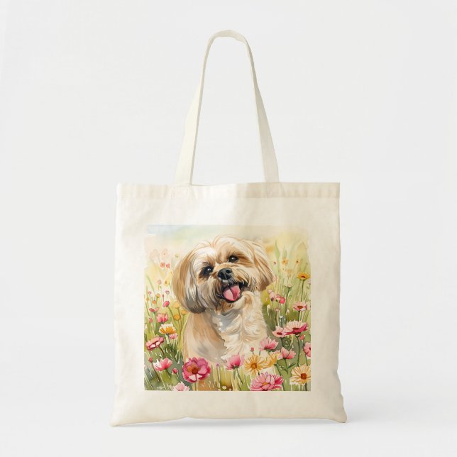Lhasa Apso Watercolor Tote Bag Tygkasse (Framsidan)