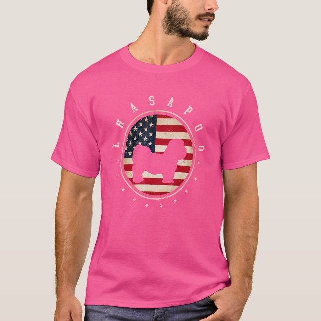 Lhasapoo USA flagga 4 juli Hund Pappa T Shirt (Framsida)