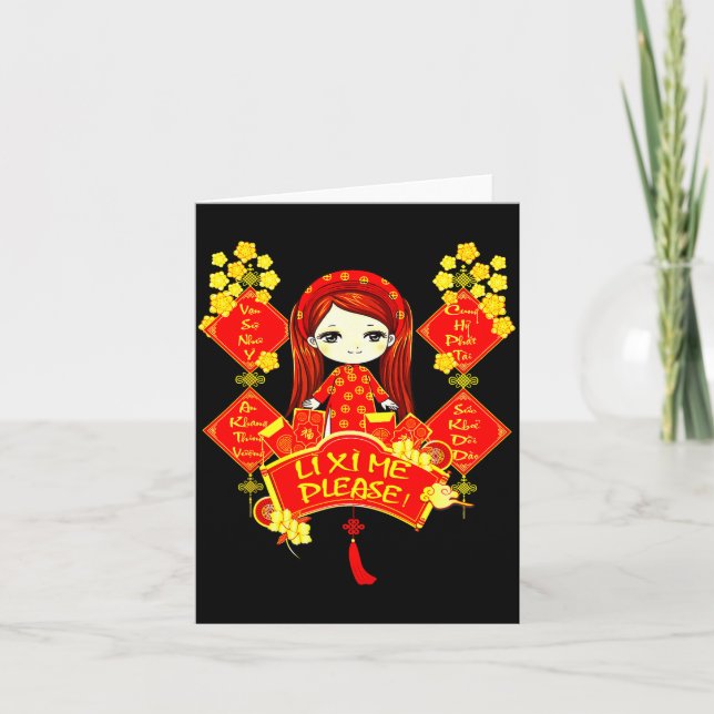 Li Xi Me vietnamesiskt nyår röd söt flicka blommor Kort (Framsida)