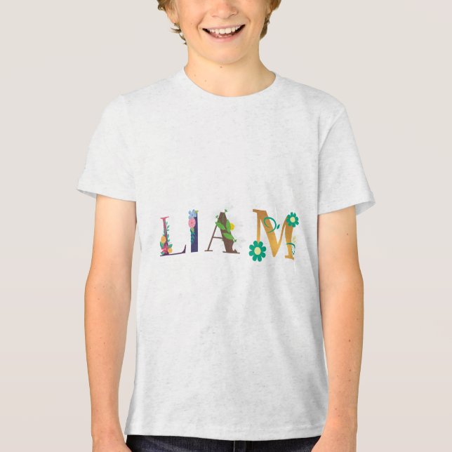 LIAM Namn Art with Flowers Embroired T Shirt (Framsida)