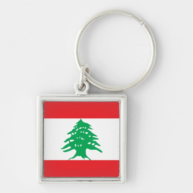 Libanon flagga Keychain Fyrkantig Silverfärgad Nyckelring (Framsidan)