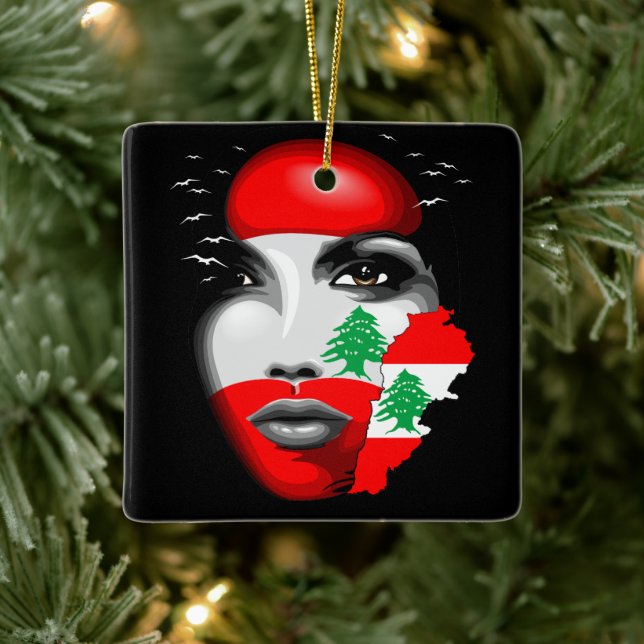 Libanon Flagga och Karta om flickans ansikte Julgransprydnad Keramik (Träd)