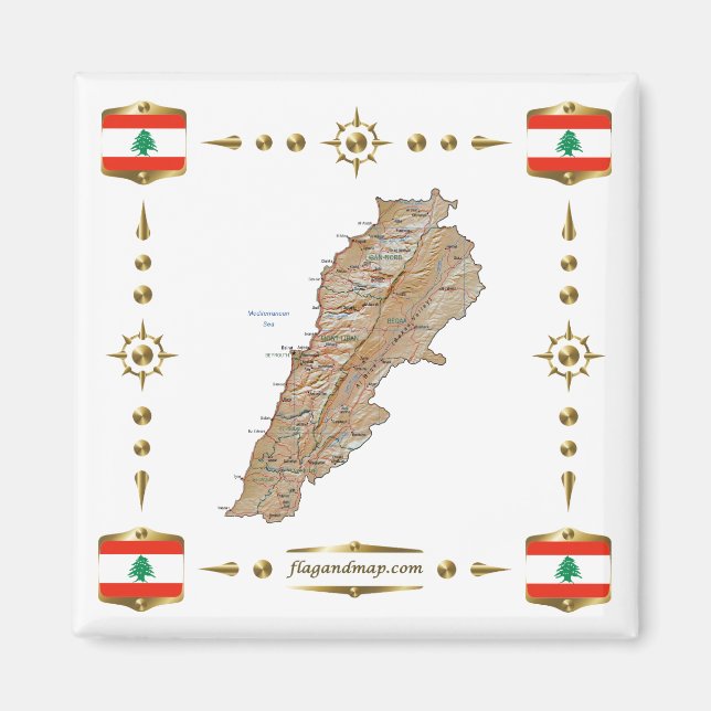 Libanon Karta + Flaggor Magnet (Framsidan)