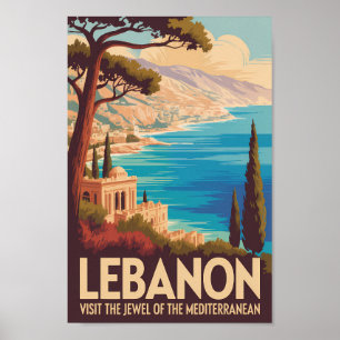 Libanon Landskapsillustration Resa Konst Vintage Poster