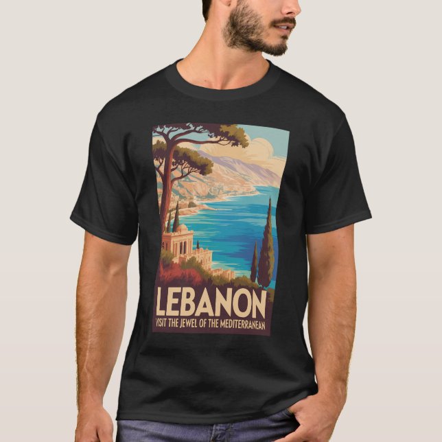 Libanon Landskapsillustration Resa Konst Vintage T Shirt (Framsida)