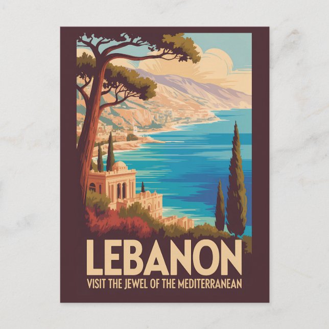 Libanon Landskapsillustration Resa Konst Vintage Vykort (Framsida)