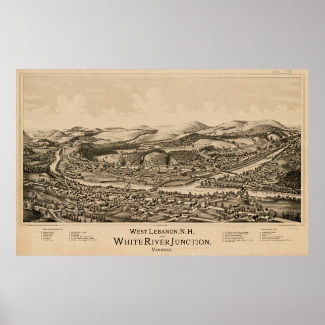 Libanon NH & White River Junction VT Karta (1889) Poster (Framsidan)
