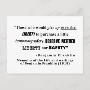 Liberty and Security Benjamin Franklin Quote Vykort