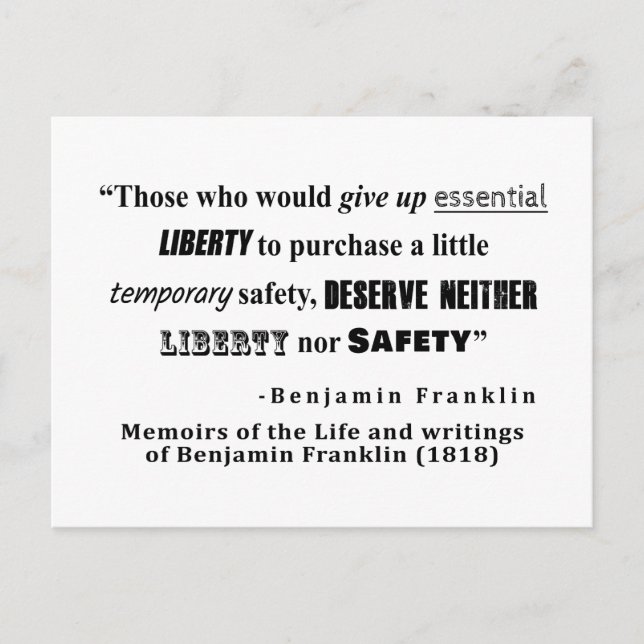 Liberty and Security Benjamin Franklin Quote Vykort (Framsida)