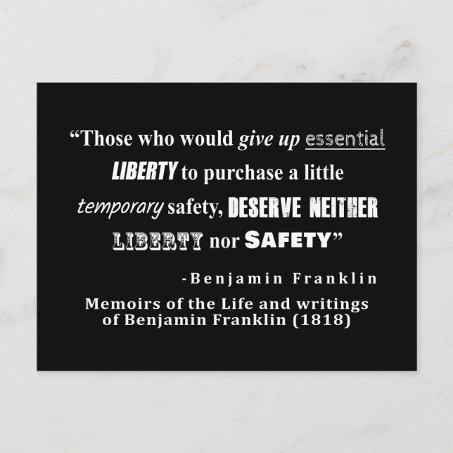 Liberty and Security Benjamin Franklin Quote White Vykort (Framsida)