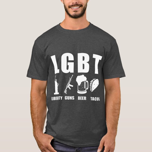 Liberty Guns Beer Tacos LGBT Funny Parody Gift T Shirt (Framsida)