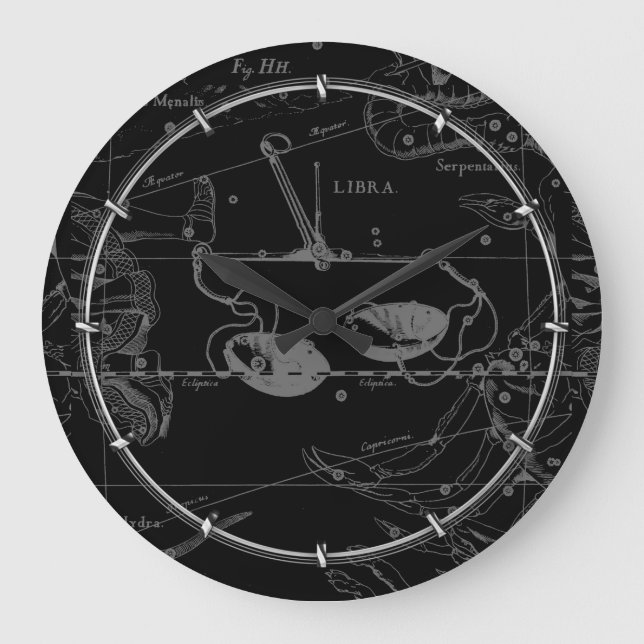 Libra Constellation Hevelius 1690 Karta på Black Stor Klocka (Framsida)
