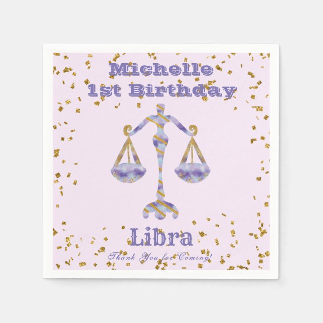 Libra First Birthday & Guld Confetti Pappersservett (Framsidan)
