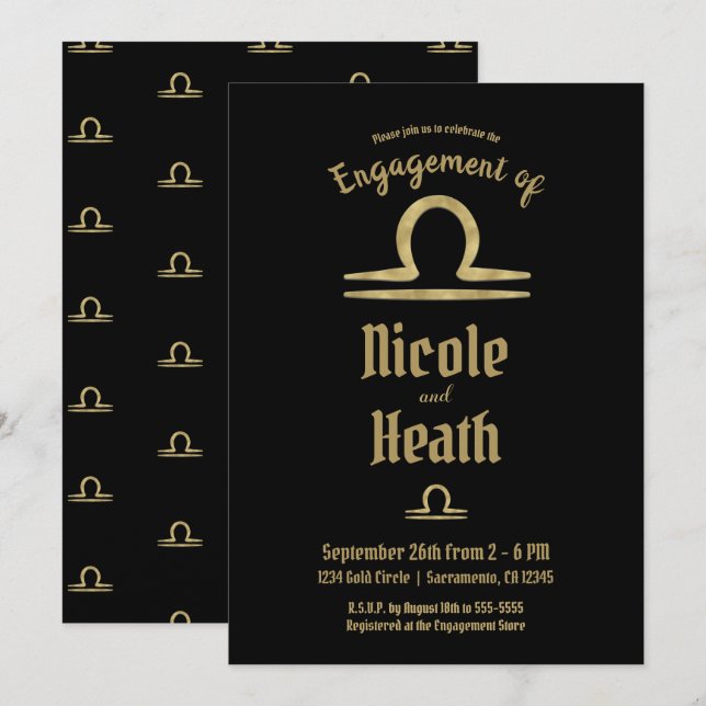 LIBRA Guld Zodiak Astrologi Höstengagemang Inbjudningar (Fram/baksida)