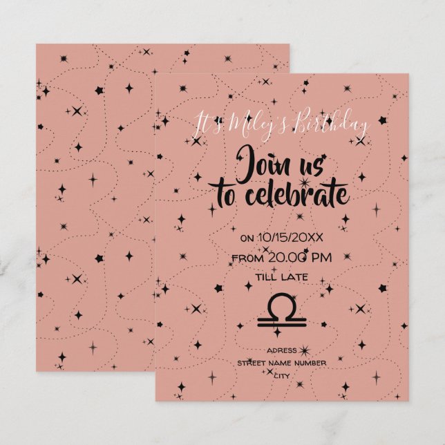 Libra ro svarta stjärnor födelsedag inbjudan (Fram/baksida)