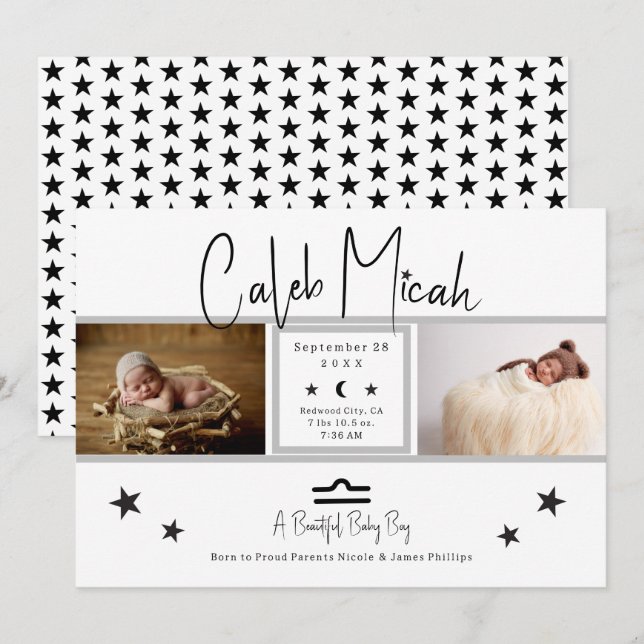 Libra Stars Fotobebis födelseannons Inbjudningar (Fram/baksida)