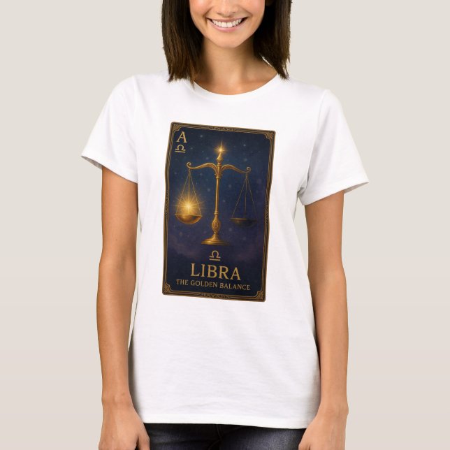 Libra Zodiac Art – Golden Scales of Harmony T Shirt (Framsida)