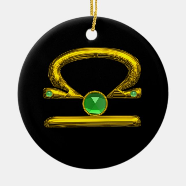 LIBRA ZODIAC BIRTHDAY JEWEL GRÖNT EMERALD Guld Julgransprydnad Keramik (Framsidan)