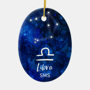 Libra Zodiac Constellation Blue Galaxy Monogram Julgransprydnad Keramik