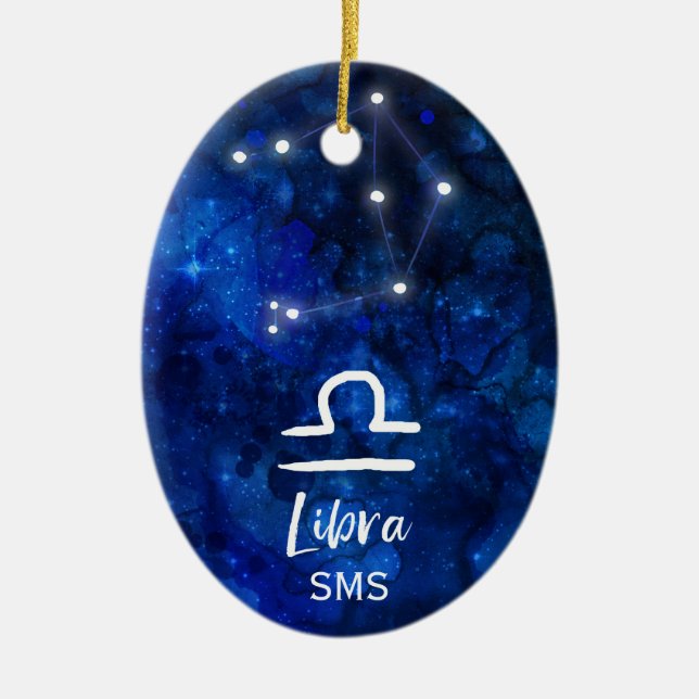 Libra Zodiac Constellation Blue Galaxy Monogram Julgransprydnad Keramik (Framsidan)