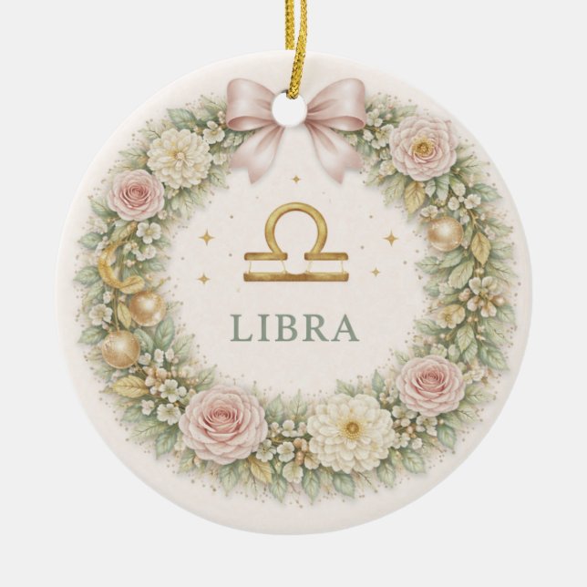 Libra Zodiac Julgransprydnad – Blush Blommig Krans Keramik (Framsidan)