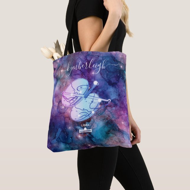 Libra Zodiac Sign Cosmic Monogram Namn Rosa Blue Tygkasse (Närbild)