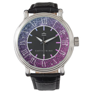 Libra Zodiac Sign Luxury Rosa Lila Glitter Stars Armbandsur