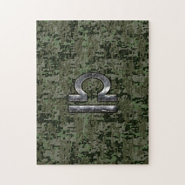 Libra Zodiac Sign på Woodland Grönt digital camo Pussel (Vertikal)