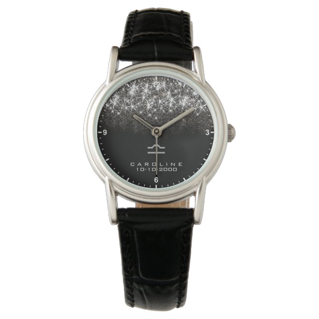 Libra Zodiac Sign Silver Glitter Stars födelsedag Armbandsur (Framsida)