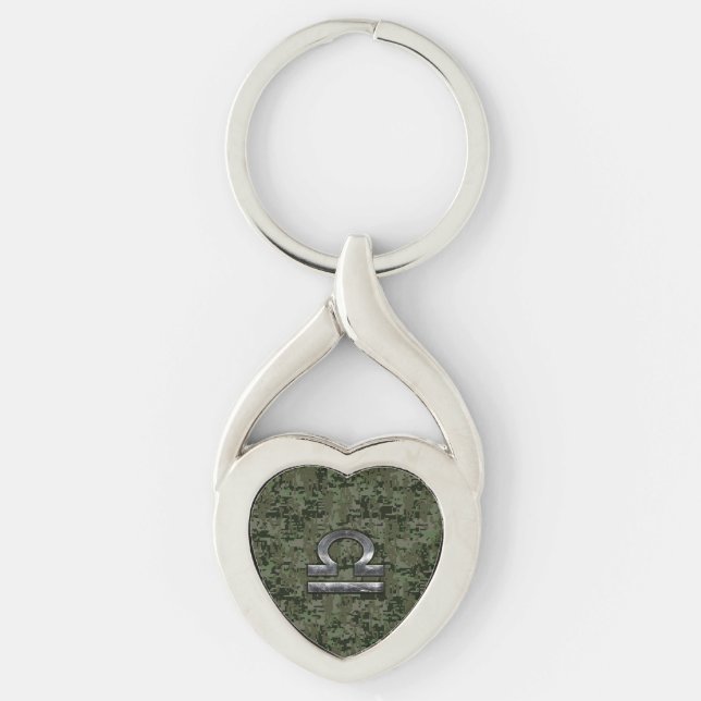Libra Zodiac Sign Woodland Digital Camouflage Twisted Heart Silverfärgad Nyckelring (Framsidan)