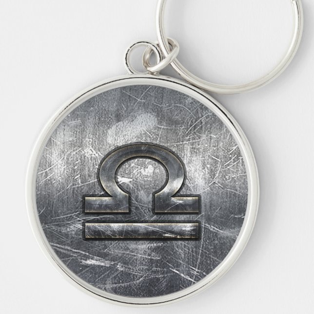 Libra Zodiac Symbol Distress Industrial Steel Rund Silverfärgad Nyckelring (Framsidan)