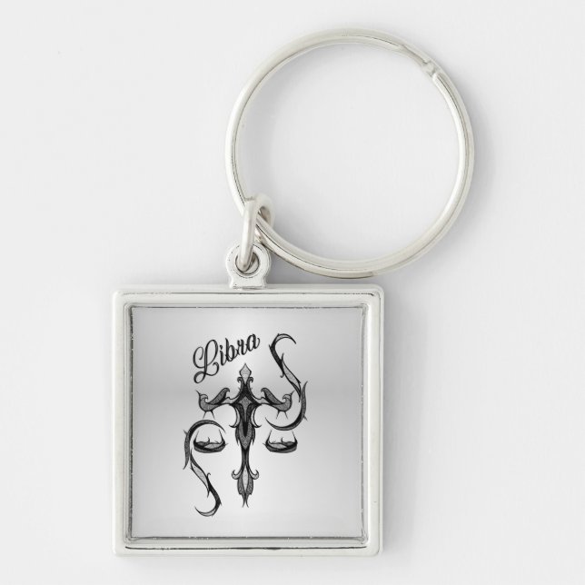 Libra Zodiac Symbol Fyrkantig Silverfärgad Nyckelring (Framsidan)