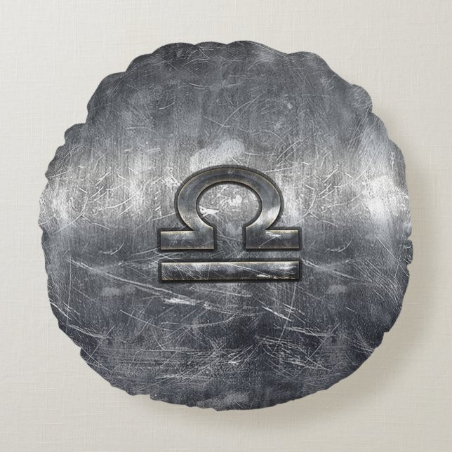 Libra Zodiac Symbol i silver grunge steel stil Rund Kudde (Framsidan)
