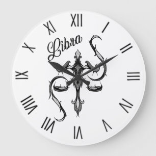 Libra Zodiac Symbol med svarta romerska siffror Stor Klocka
