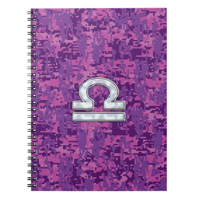 Libra Zodiac-symbol på Fuchsia Digital Camo Anteckningsbok (Framsidan)