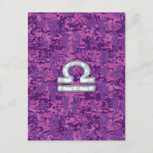 Libra Zodiac-symbol på Fuchsia Digital Camo Vykort