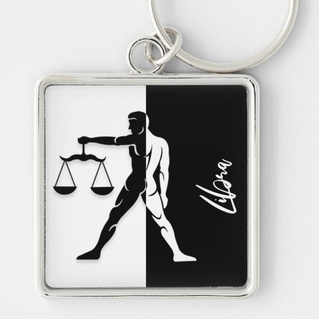 Libra Zodiac-tecken, svart och vit nyckelkedja Fyrkantig Silverfärgad Nyckelring (Framsidan)