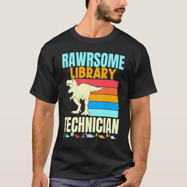 Librarian Awesome Library Technician Dinosaur Book T Shirt (Framsida)